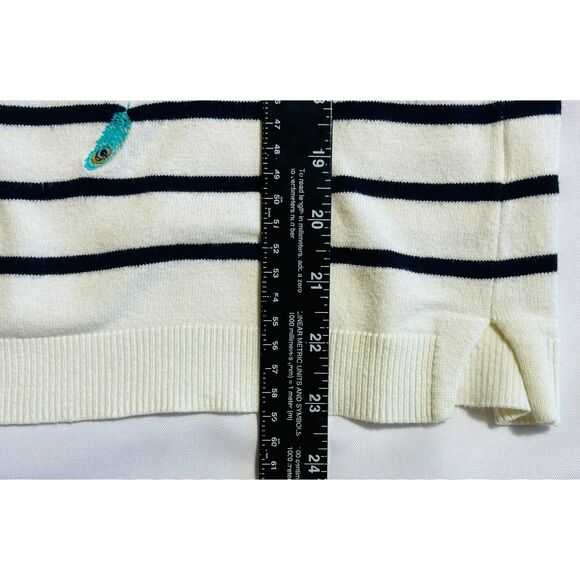 Talbots Embroidered Peacock Feather Pullover Sweater Women's M Cream/Navy Stripe - Picture 9 of 9